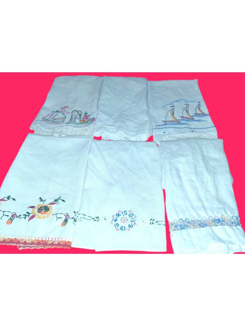 Vintage Hand-Embroidered Linen Tea Towels Set 6 Lace Trim Floral Nautical Countr